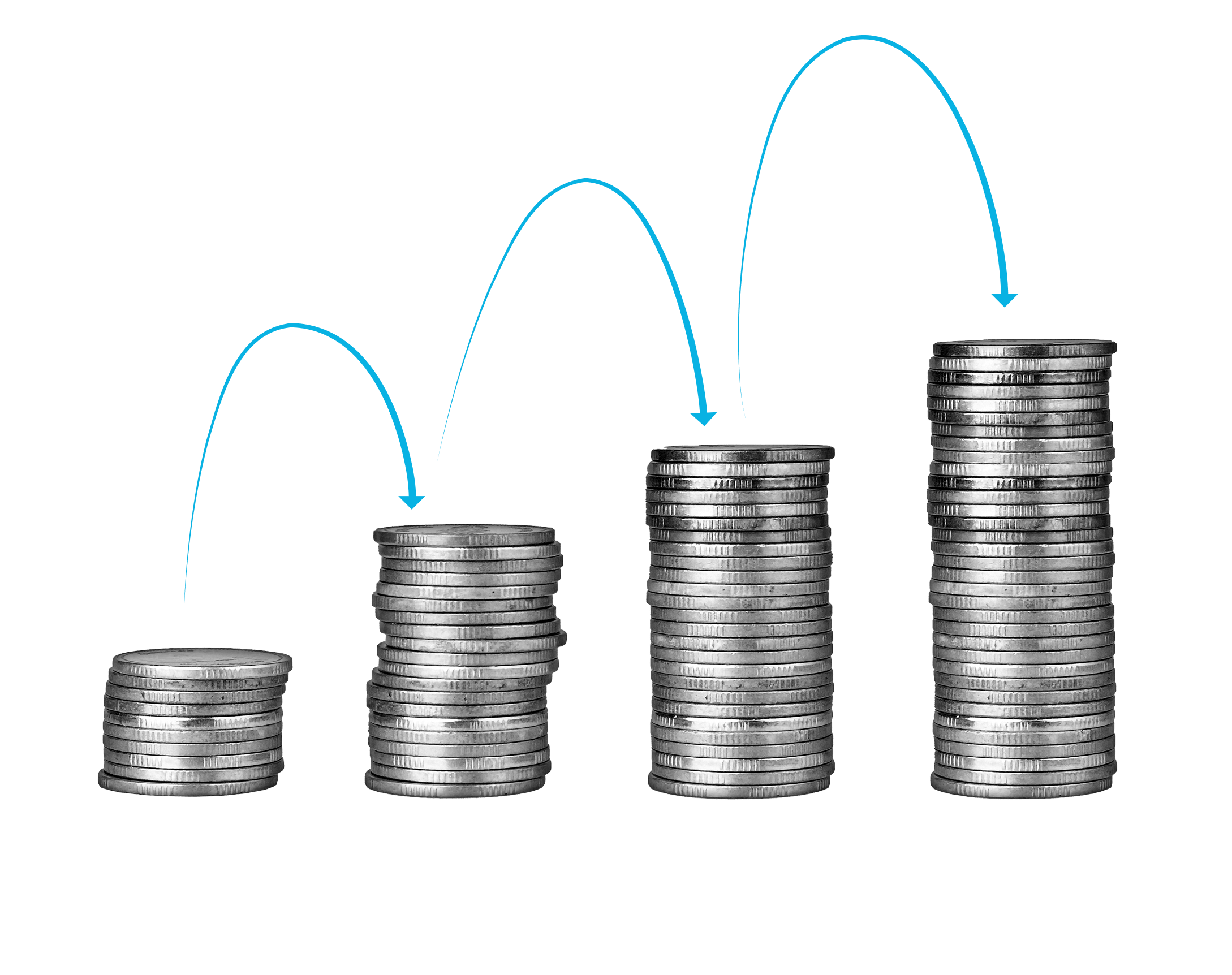 Coin stacks growing with arrows showing increasing value