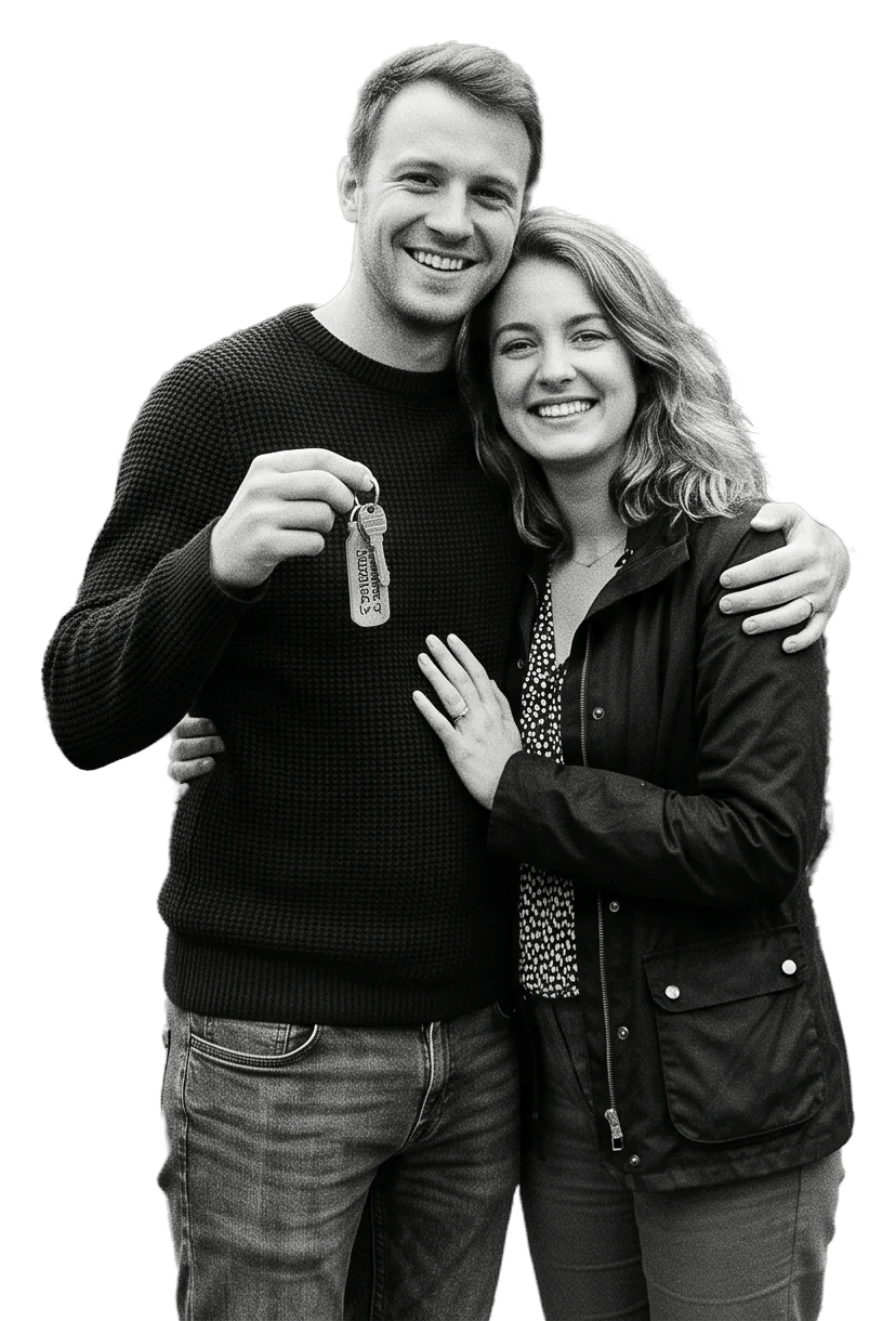 Jacob and Leah, first time buyers holding the keys to their new home